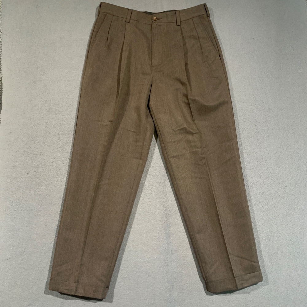 IZOD Dress Pants Men 32x30 Brown Pleated Cuffed Straight Leg Business Casual